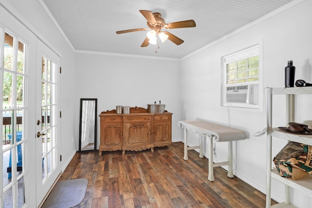 2494 Cape Rd, Johns Island, SC 29455 - home office featuring cooling unit, dark wood-type flooring, ceiling fan, ornamental molding, and french doors