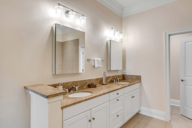 bathroom with tile patterned flooring, vanity, and ornamental molding