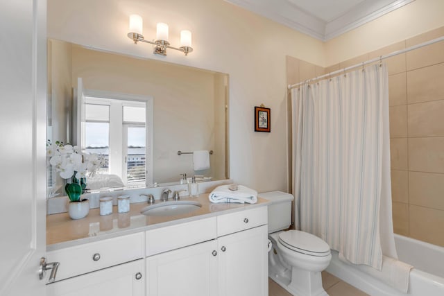 full bathroom with vanity, crown molding, toilet, and shower / bath combo with shower curtain