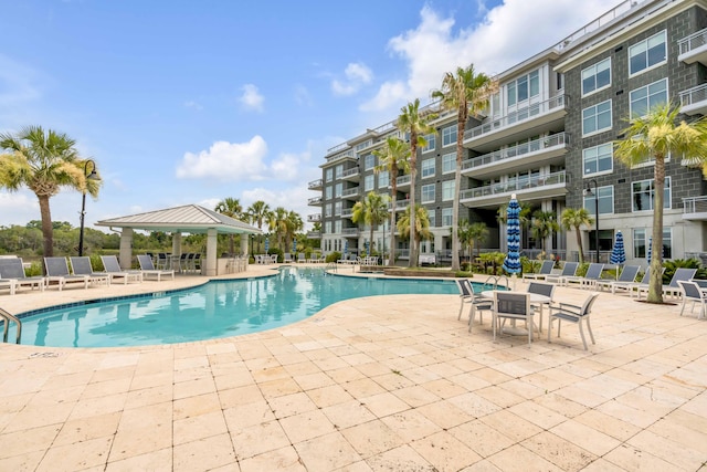 view of pool featuring a gazebo and a patio