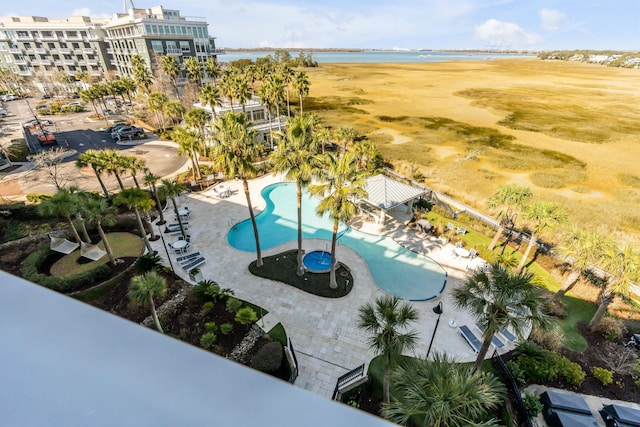 drone / aerial view with a water view