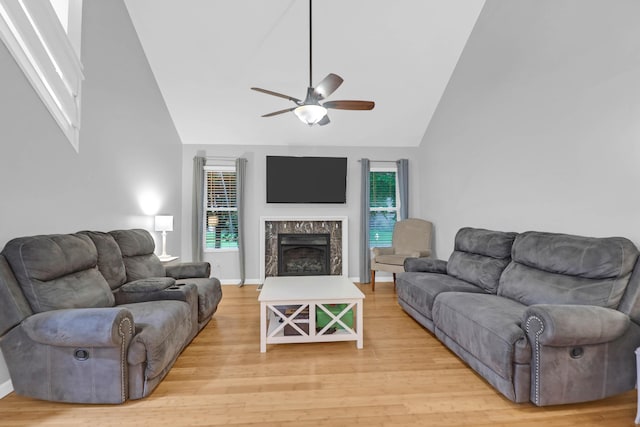 112 Fox Chase Dr, Goose Creek, SC 29445 - living area with light wood-style floors, a ceiling fan, high vaulted ceiling, and healthy amount of natural light