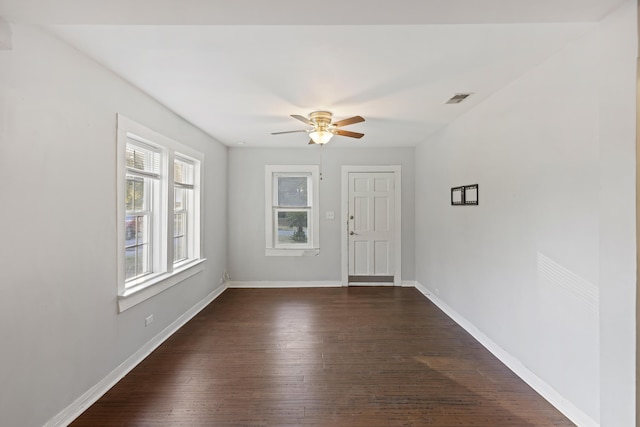 foyer featuring ceiling fan and dark hardwood / wood-style flooring