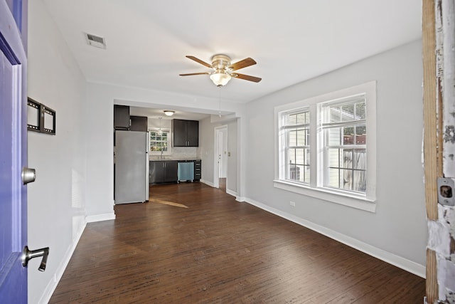 unfurnished living room featuring ceiling fan, dark hardwood / wood-style flooring, and sink