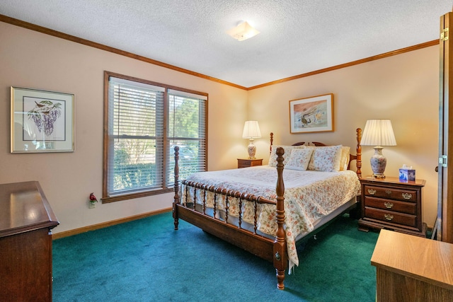 carpeted bedroom featuring a textured ceiling and ornamental molding