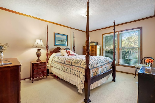 carpeted bedroom with a textured ceiling and crown molding