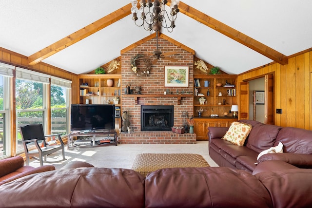 living room featuring carpet floors, a fireplace, built in features, vaulted ceiling with beams, and wooden walls