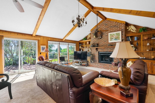 carpeted living room with a brick fireplace, wooden walls, lofted ceiling with beams, and ceiling fan