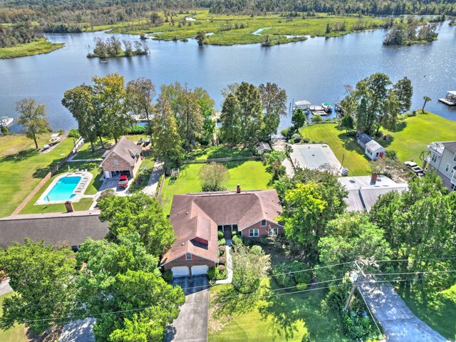 aerial view featuring a water view