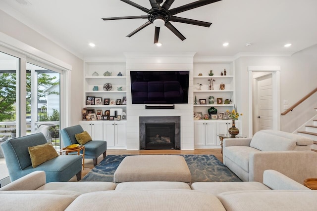 1903 Bolden Dr, Mount Pleasant, SC 29466 - living area with ceiling fan, a fireplace, wood finished floors, stairs, and recessed lighting