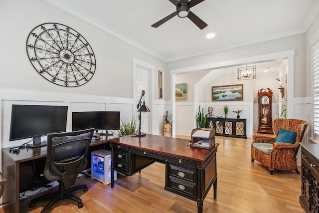 1903 Bolden Dr, Mount Pleasant, SC 29466 - office space featuring ceiling fan, crown molding, light wood-style flooring, wainscoting, and a decorative wall