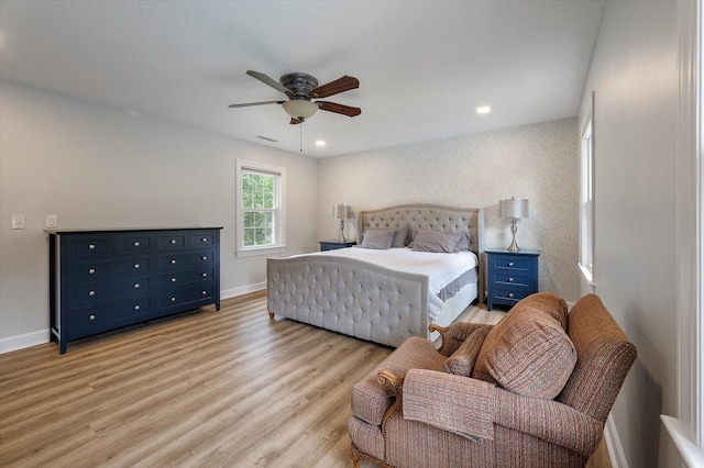 bedroom featuring light wood finished floors, baseboards, a ceiling fan, and recessed lighting