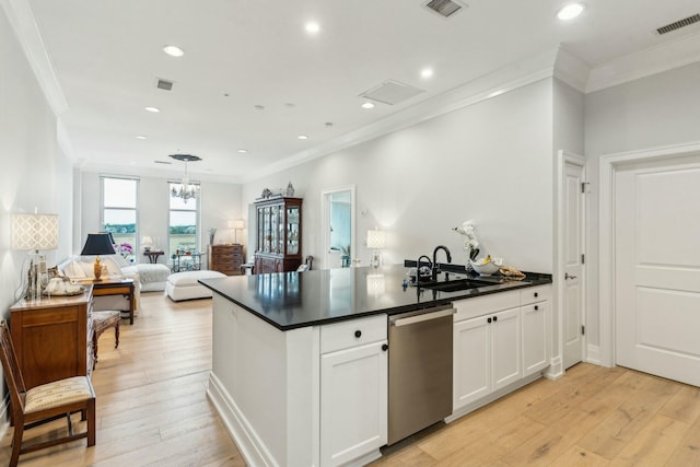 kitchen with sink, light hardwood / wood-style flooring, dishwasher, pendant lighting, and white cabinets