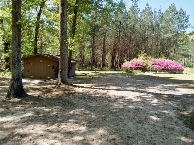 view of yard featuring a forest view and an outdoor structure