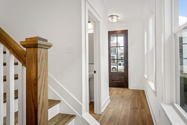 foyer entrance featuring stairway, baseboards, and wood finished floors