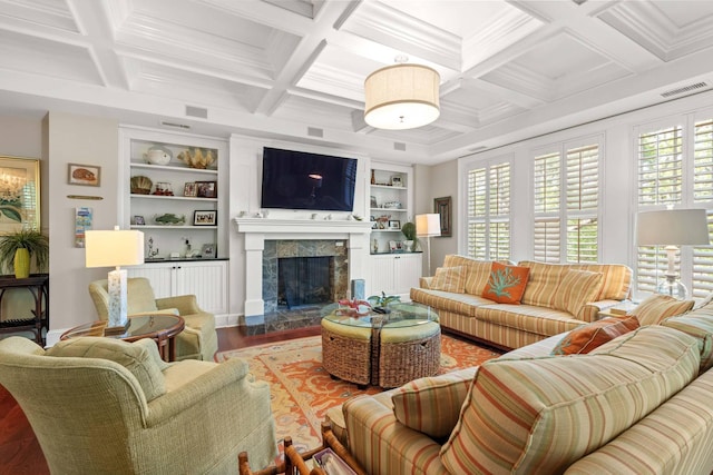 6002 Green Dolphin Way, Kiawah Island, SC 29455 - living room with wood finished floors, plenty of natural light, built in features, coffered ceiling, and beamed ceiling