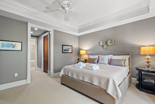 6002 Green Dolphin Way, Kiawah Island, SC 29455 - bedroom with crown molding, baseboards, light colored carpet, a ceiling fan, and ensuite bath
