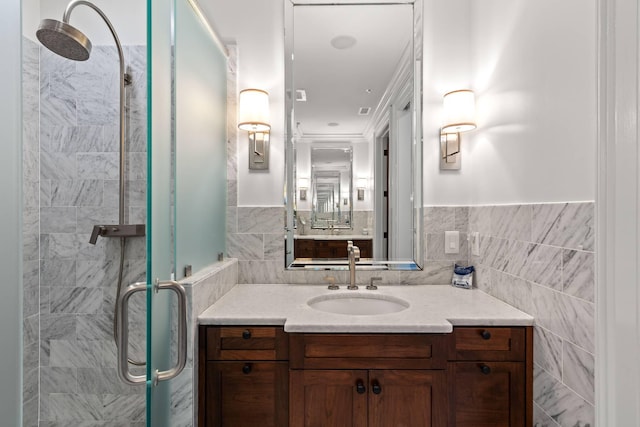 6002 Green Dolphin Way, Kiawah Island, SC 29455 - full bath with a shower stall, vanity, tile walls, wainscoting, and crown molding