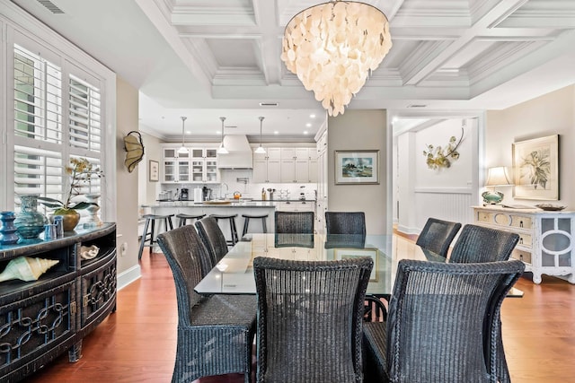 6002 Green Dolphin Way, Kiawah Island, SC 29455 - dining room with coffered ceiling, a chandelier, wood finished floors, crown molding, and beamed ceiling