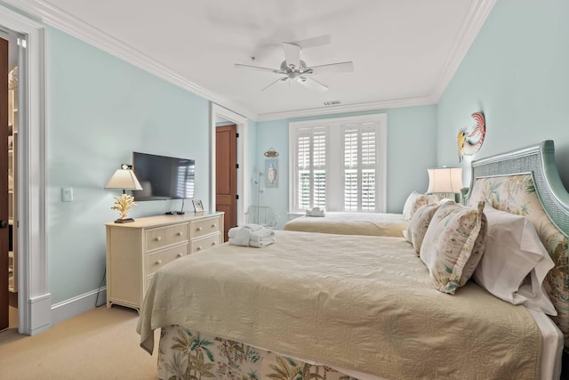 6002 Green Dolphin Way, Kiawah Island, SC 29455 - bedroom featuring light colored carpet, ornamental molding, a ceiling fan, and baseboards