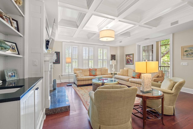 6002 Green Dolphin Way, Kiawah Island, SC 29455 - living room featuring dark wood-type flooring, healthy amount of natural light, coffered ceiling, beam ceiling, and baseboards