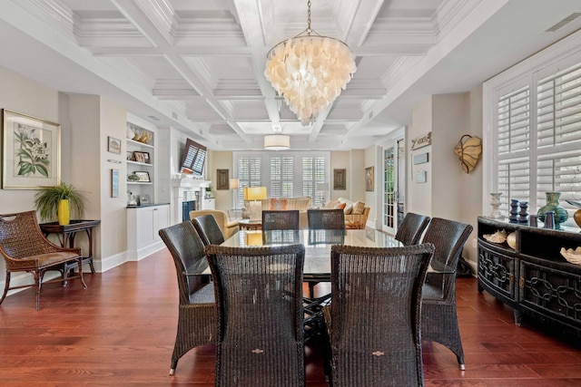 6002 Green Dolphin Way, Kiawah Island, SC 29455 - dining space with dark wood-type flooring, a chandelier, coffered ceiling, a fireplace, and beam ceiling