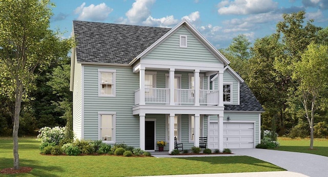 view of front of home featuring a balcony, a front lawn, a porch, and a garage