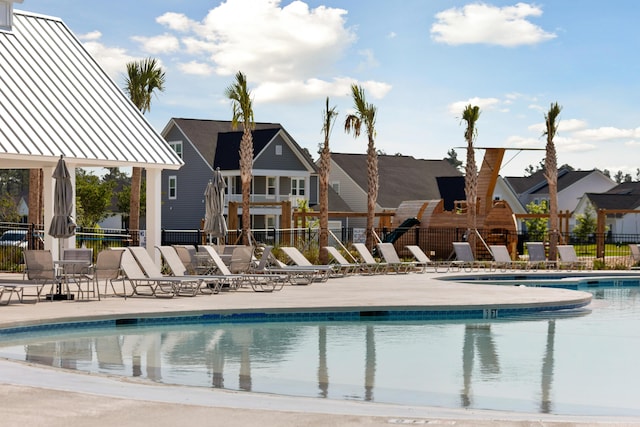 view of swimming pool with a patio