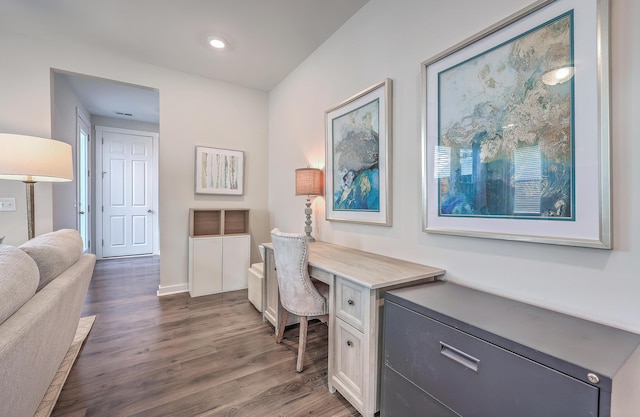 office with dark wood-style floors, baseboards, and recessed lighting