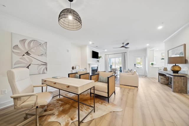 dining area with crown molding, ceiling fan, and light hardwood / wood-style flooring