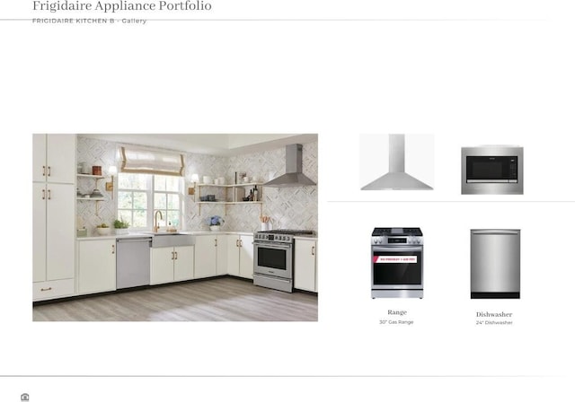 kitchen with stainless steel appliances, sink, backsplash, white cabinets, and wall chimney exhaust hood