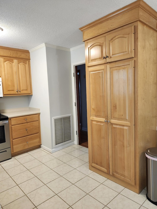 4029 Karen Dr, North Charleston, SC 29405 - kitchen featuring electric range, ornamental molding, a textured ceiling, light countertops, and white microwave