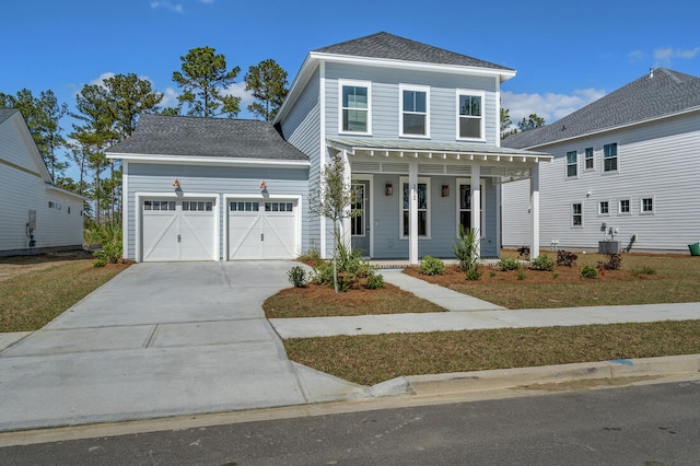 view of front of home featuring a garage, a porch, driveway, and a shingled roof