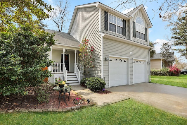 view of front of home with a garage, a porch, and concrete driveway