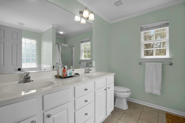 full bathroom featuring visible vents, a sink, crown molding, a shower stall, and tile patterned flooring