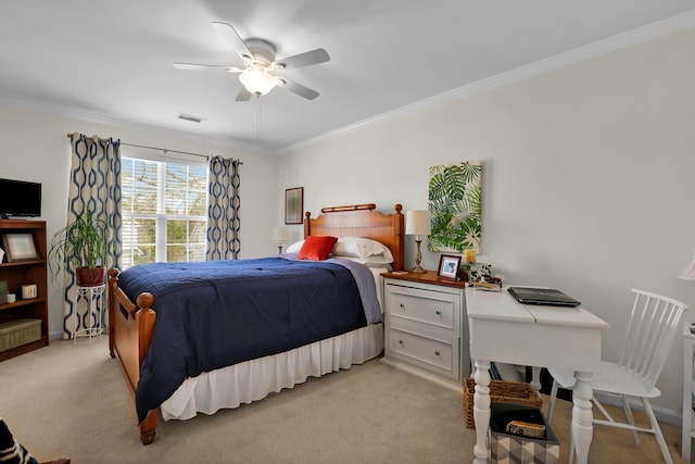 bedroom featuring visible vents, light carpet, ornamental molding, baseboards, and ceiling fan