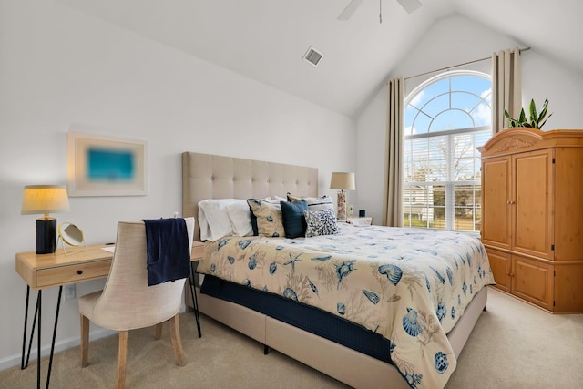 bedroom featuring visible vents, light carpet, ceiling fan, and vaulted ceiling