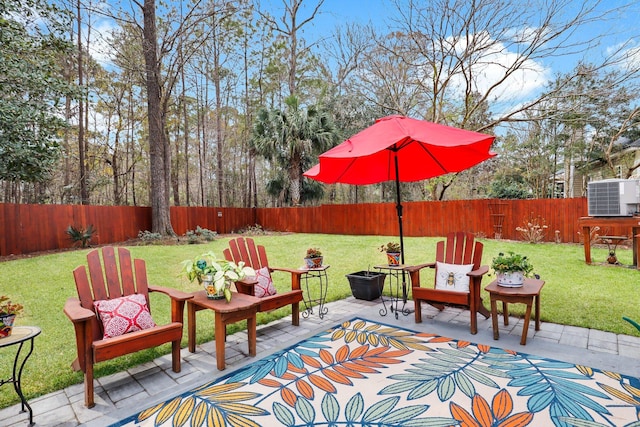 view of patio with central AC and a fenced backyard