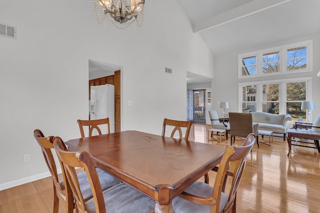 dining room with a notable chandelier, visible vents, baseboards, light wood finished floors, and beamed ceiling