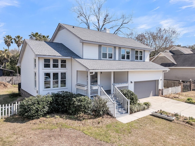 traditional-style house with concrete driveway, a porch, a shingled roof, and fence