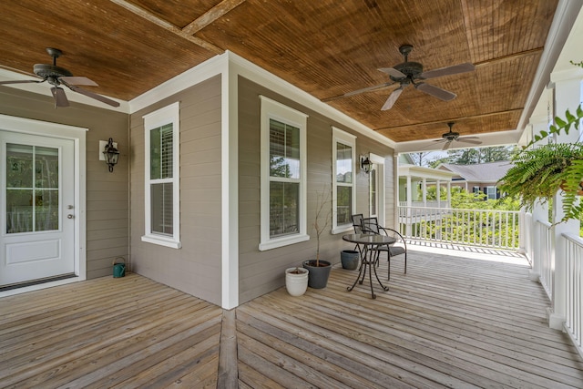 wooden terrace with ceiling fan and a porch