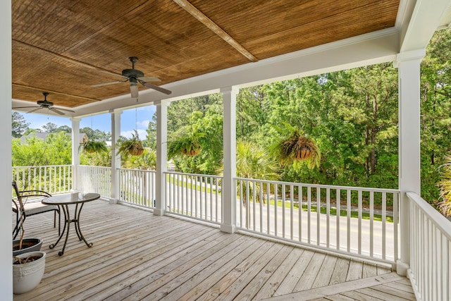 wooden deck featuring ceiling fan