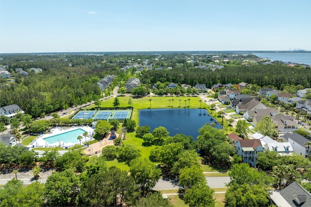 aerial view featuring a water view