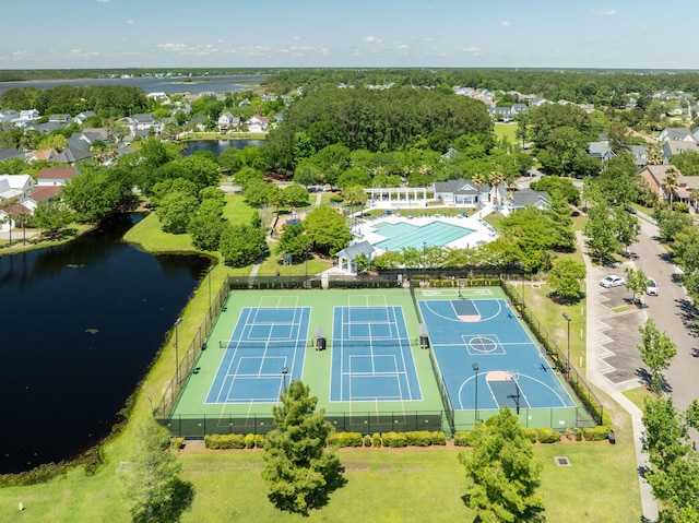 drone / aerial view with a water view