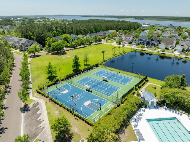 drone / aerial view featuring a water view