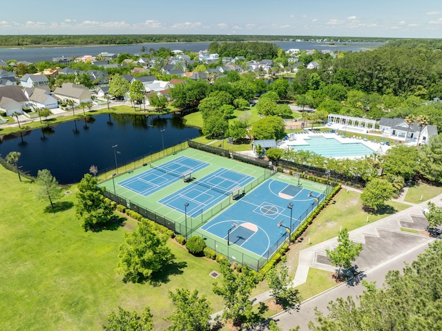 aerial view featuring a water view