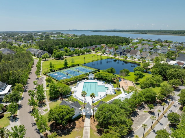 bird's eye view with a water view