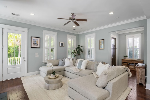 living room featuring crown molding, ceiling fan, and dark hardwood / wood-style flooring