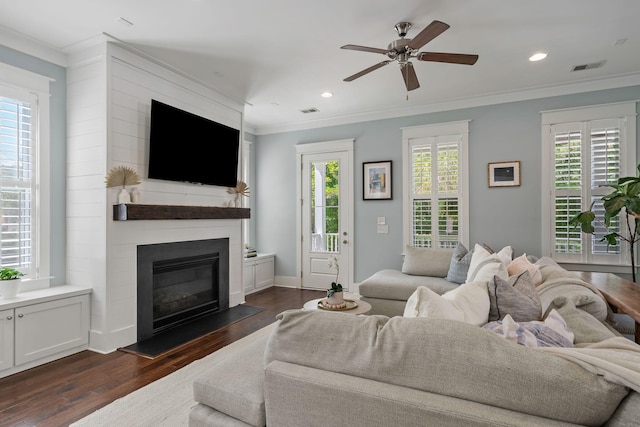 living room featuring a large fireplace, a wealth of natural light, ornamental molding, and dark hardwood / wood-style floors