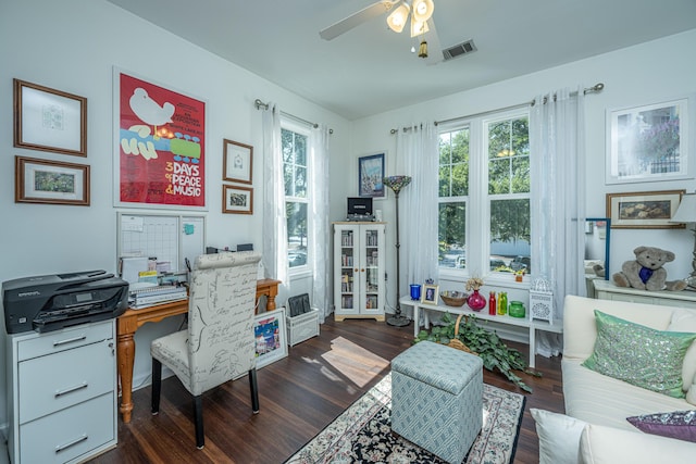 office space with ceiling fan and dark hardwood / wood-style flooring